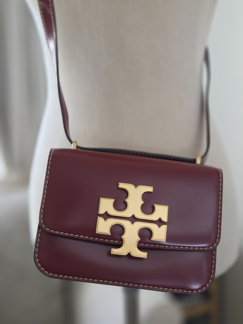 Tory Burch Burgundy Leather Crossbody with Gold Logo Hardware